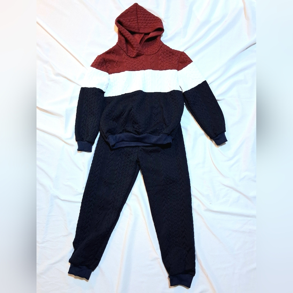 Shein Everyday Kids Textured Knit Red White And Blue Hooded Set Size 6-7Y